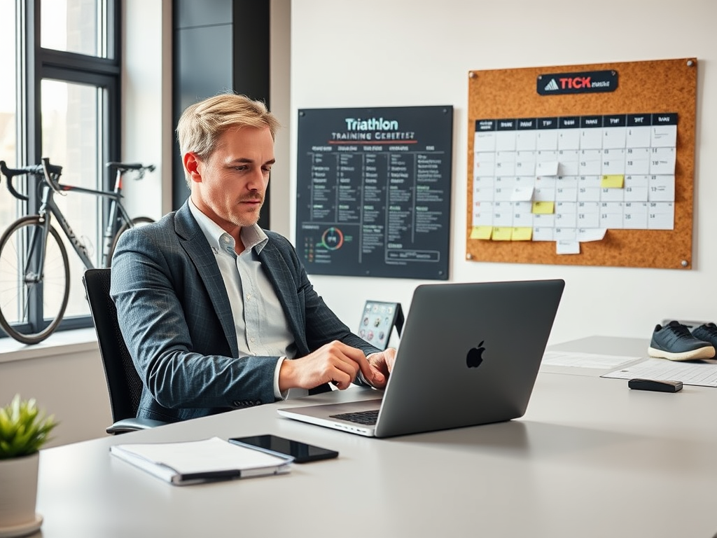 Create a realistic image of a white male in his 30s wearing business attire and running shoes, sitting at an office desk with a laptop open, while simultaneously looking at a triathlon training schedule pinned to a cork board, with a bicycle and running shoes visible in the background, portraying a sense of determination and time management in a well-lit modern office setting.