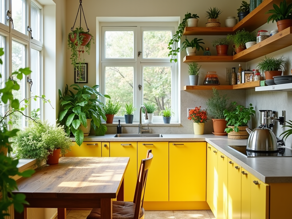 Bright and Cheerful Kitchen Inspiration: Yellow Accents & Plants