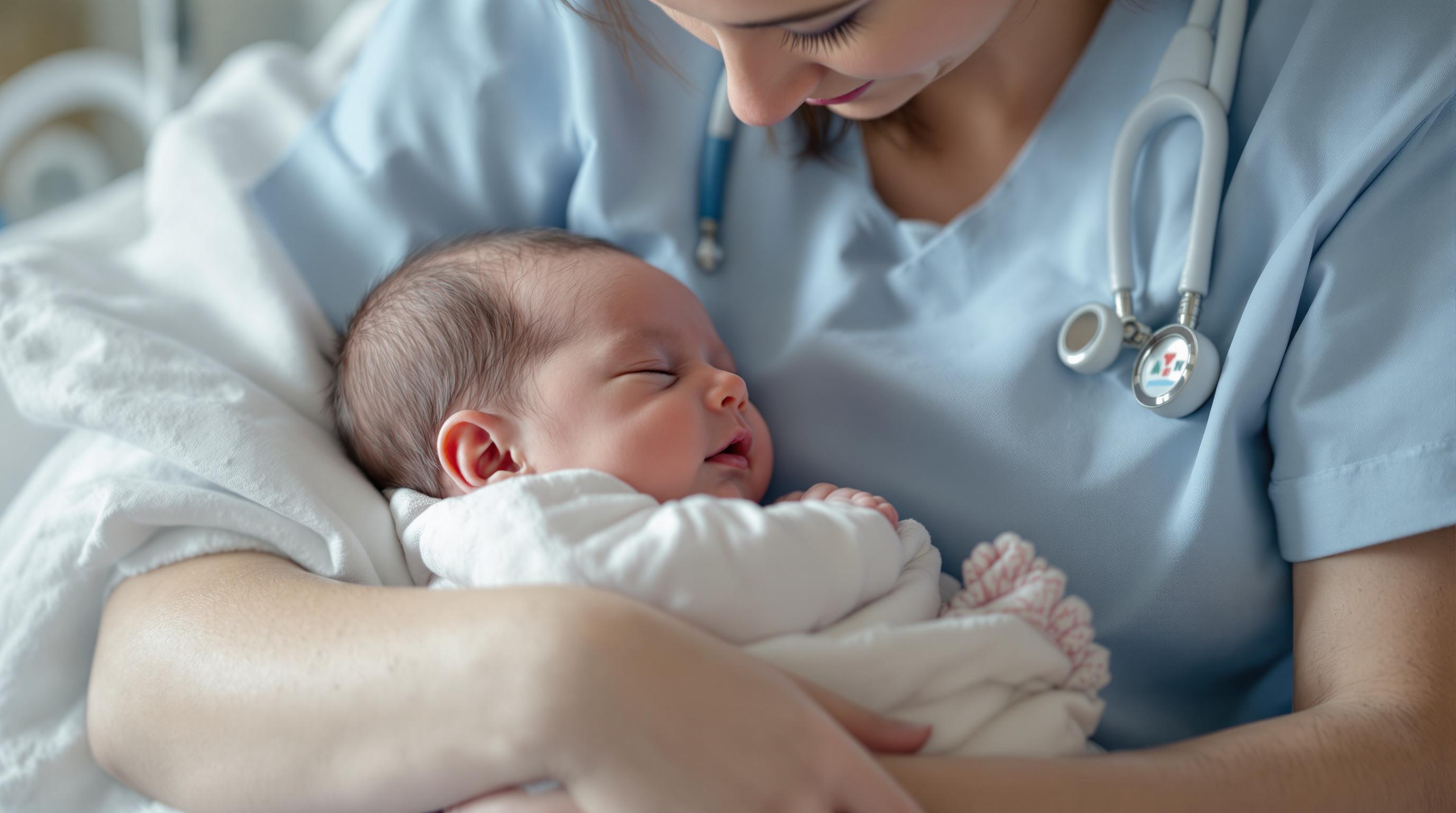 Nurse Comforting Baby in Hospital An ultra realistic photo of a nurse gently holding and comforting a newborn baby in a hospital setting.