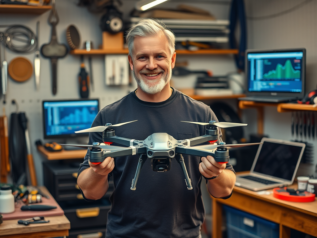 Create a realistic image of a proud white male DIY enthusiast standing in his garage workshop, holding a completed homemade drone, surrounded by tools and electronic components, with a laptop displaying flight data in the background, warm lighting creating a sense of accomplishment and satisfaction.