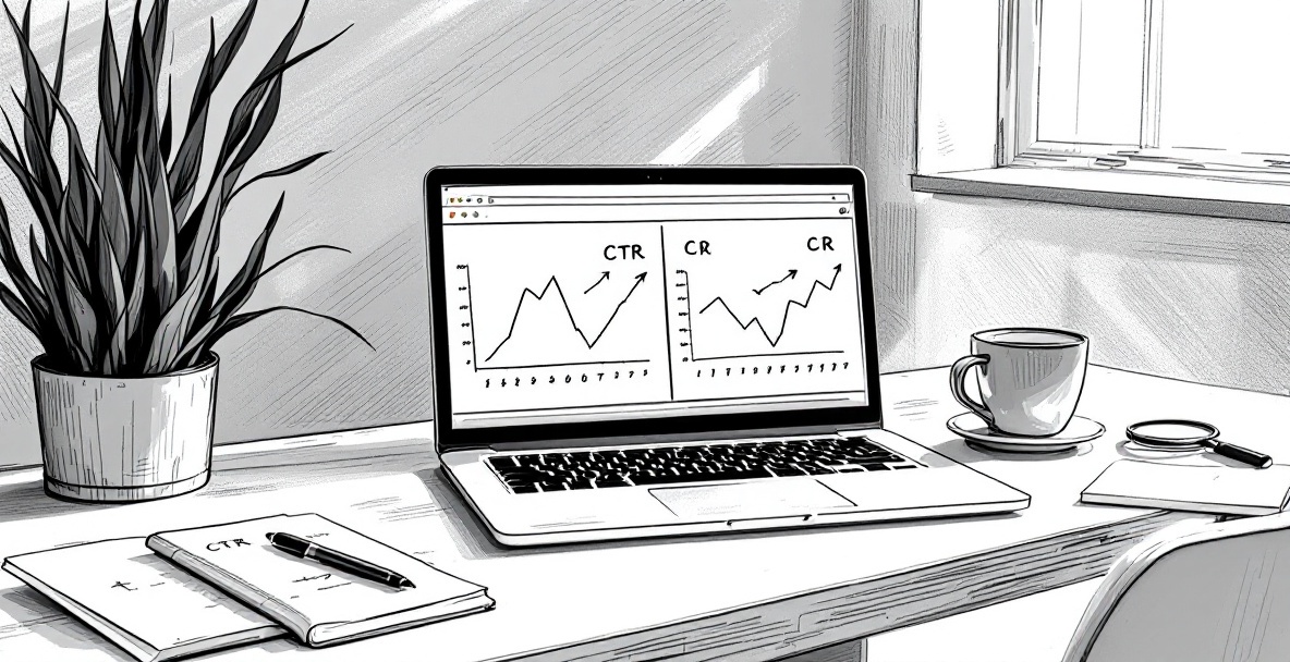 Minimalistic desk with laptop showing CTR and CR graphs, with notes indicating strategy session.