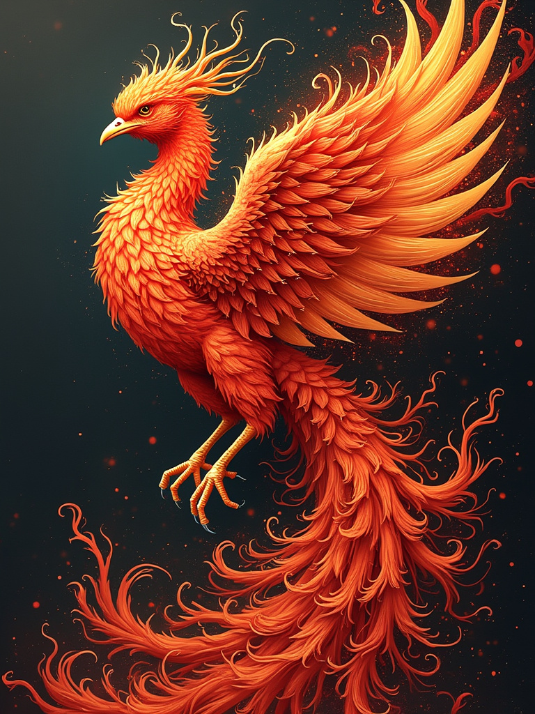 A portrait of a mythical phoenix rising from ashes, composed entirely of intricate, swirling calligraphy in vibrant reds and golds