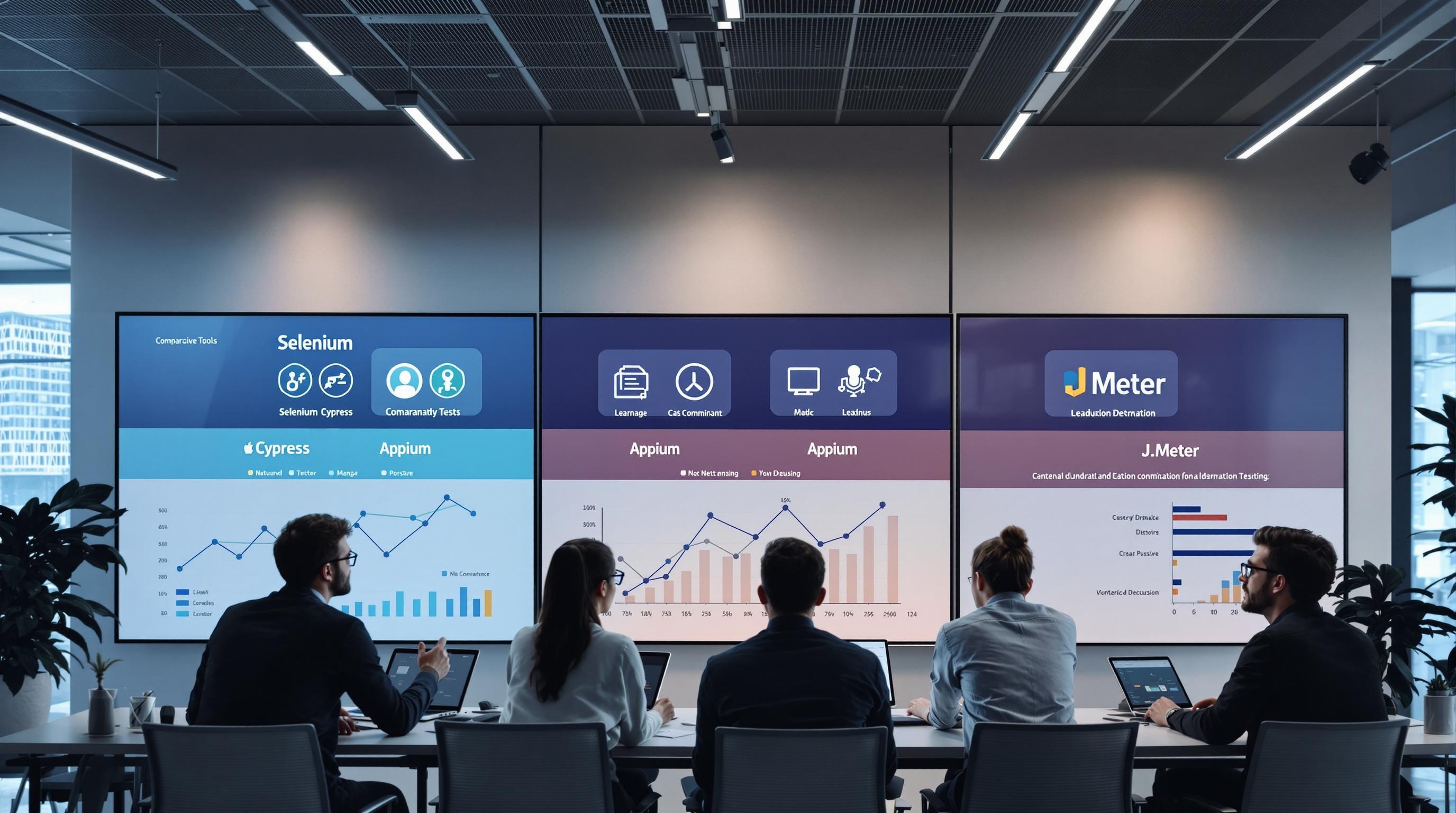 Modern workspace with developers analyzing comparison charts of popular automated testing tools on large digital screens, including icons representing Selenium, Cypress, Appium, and JMeter, clean and professional style, tech-focused, 16:9 aspect ratio