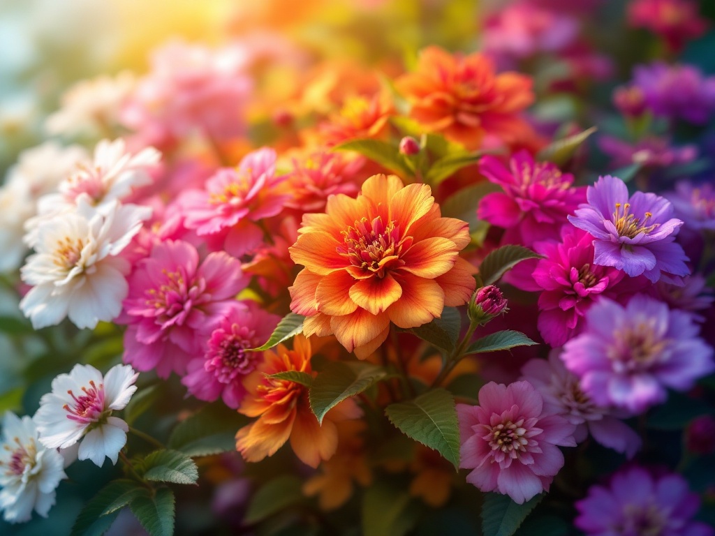 A photorealistic shot capturing a time-lapse sequence of Lantana Camara flowers changing colors throughout the day, from white to pink to red to violet