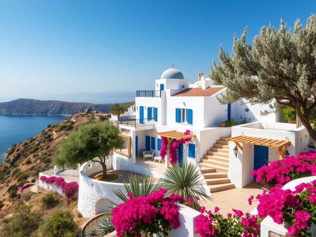 Create a realistic image of a picturesque Greek villa with various accommodation options visible, including a luxurious suite with a private balcony, a cozy budget-friendly room, and a mid-range bungalow, all nestled on a hillside overlooking the Aegean Sea, with traditional white-washed walls and blue accents, surrounded by olive trees and colorful bougainvillea flowers, under a clear blue sky.