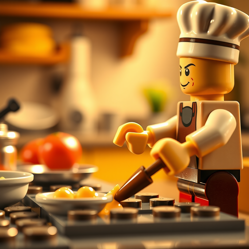 Close-up of LEGO chef minifigure cooking for homeless. Focus on LEGO hands using utensils, showing culinary skill. Warm kitchen lighting, late morning atmosphere. Canon EOS R5, 50mm f/1.4 lens. Capture intricate cooking techniques. Background hints at charitable setting. Inspired by Paul Bocuse and Massimo Bottura's styles. Freeze-frame moment of food preparation. Convey compassion and altruism through scene details.