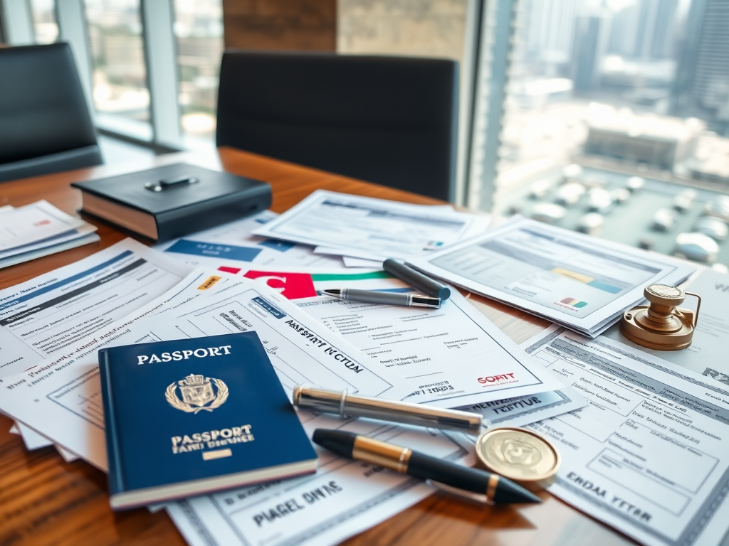 Create a realistic image of a desk with official documents scattered on it, including passport copies, trade licenses, and visa forms, with a UAE flag prominently displayed. A pen and official stamp are visible among the papers. The background shows a modern office interior with Dubai's skyline visible through a window.