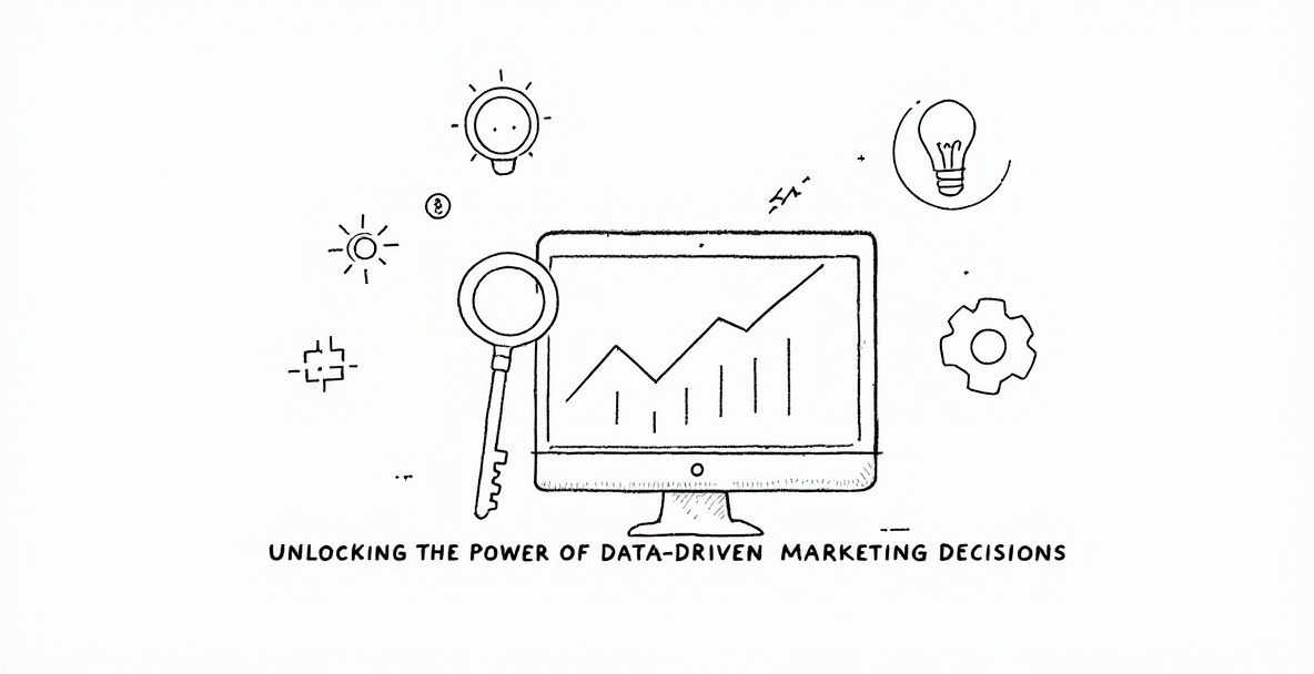Minimalistic sketch of a digital marketer's workspace with data-driven symbols and a key unlocking potential.