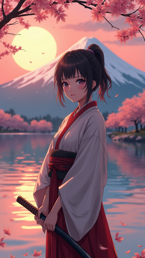 Anime style portrait of a female samurai at a beautiful lake with cherry trees, mountain fuji background, spring, sunset