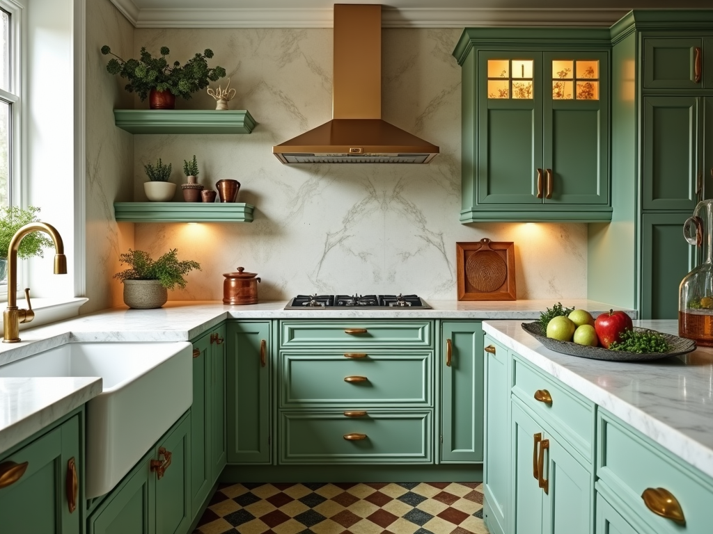 Elegant Sage Green Cabinets with Brass Hardware