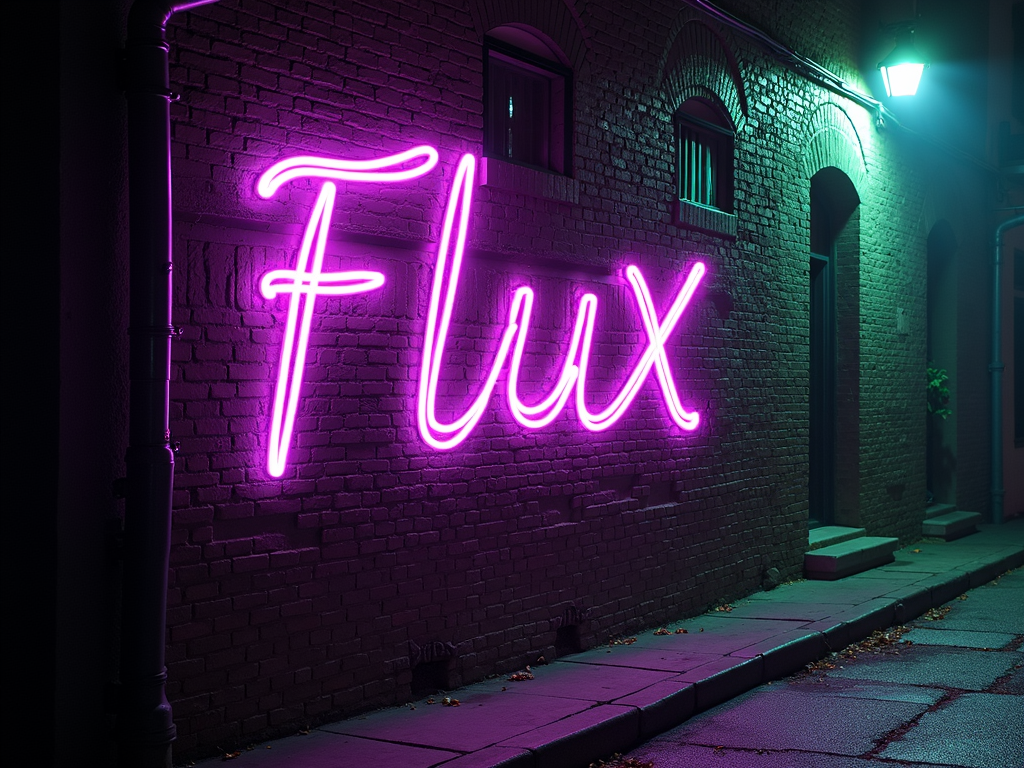 A photo of an old brick wall, dark night, gothic style, low light, with mist swirling around the alley. The word "FLUX" is painted on the wall in beautiful cursive font, using shades of purple, pink and green, neon color with a glow effect