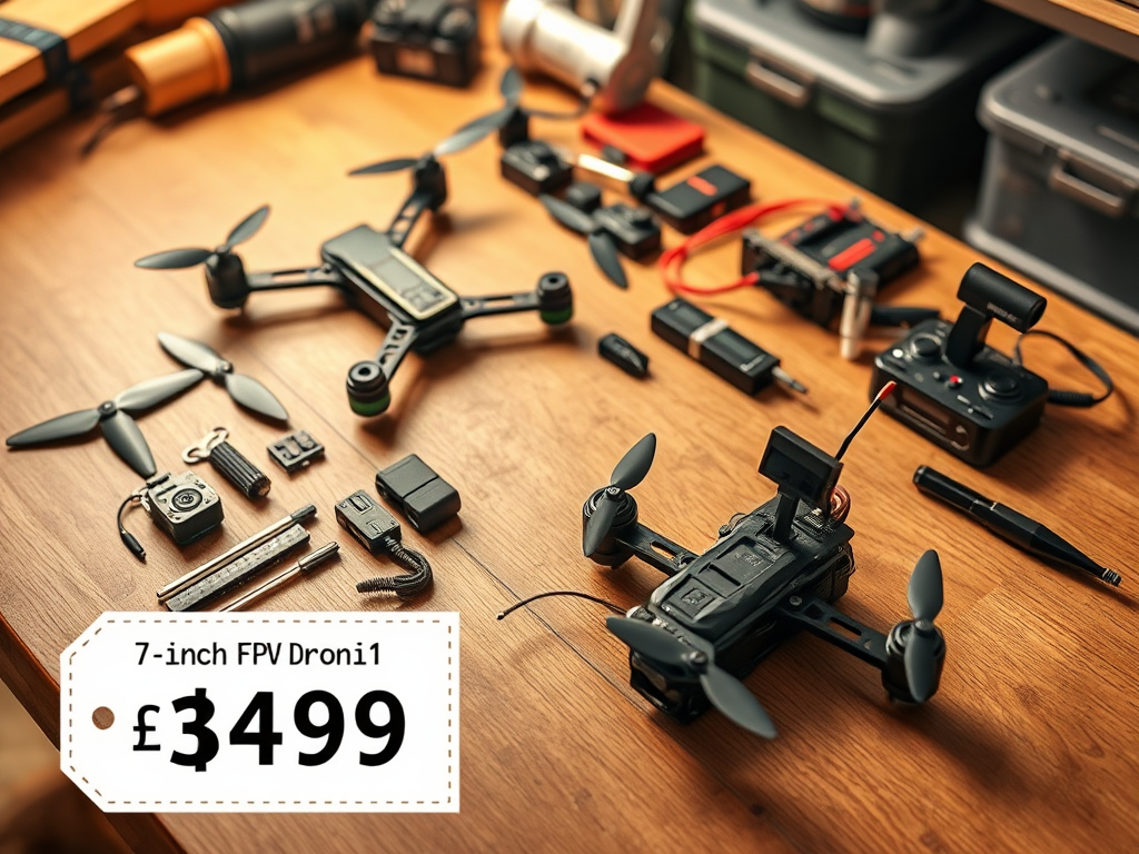 Create a realistic image of a 7-inch FPV drone kit laid out on a workbench, with various components neatly arranged including frame, motors, propellers, flight controller, and FPV camera. A partially assembled drone sits nearby, showcasing the build process. A price tag in the foreground displays an affordable cost, emphasizing the budget-friendly nature of the kit. Soft, warm lighting illuminates the scene, creating a inviting DIY atmosphere.