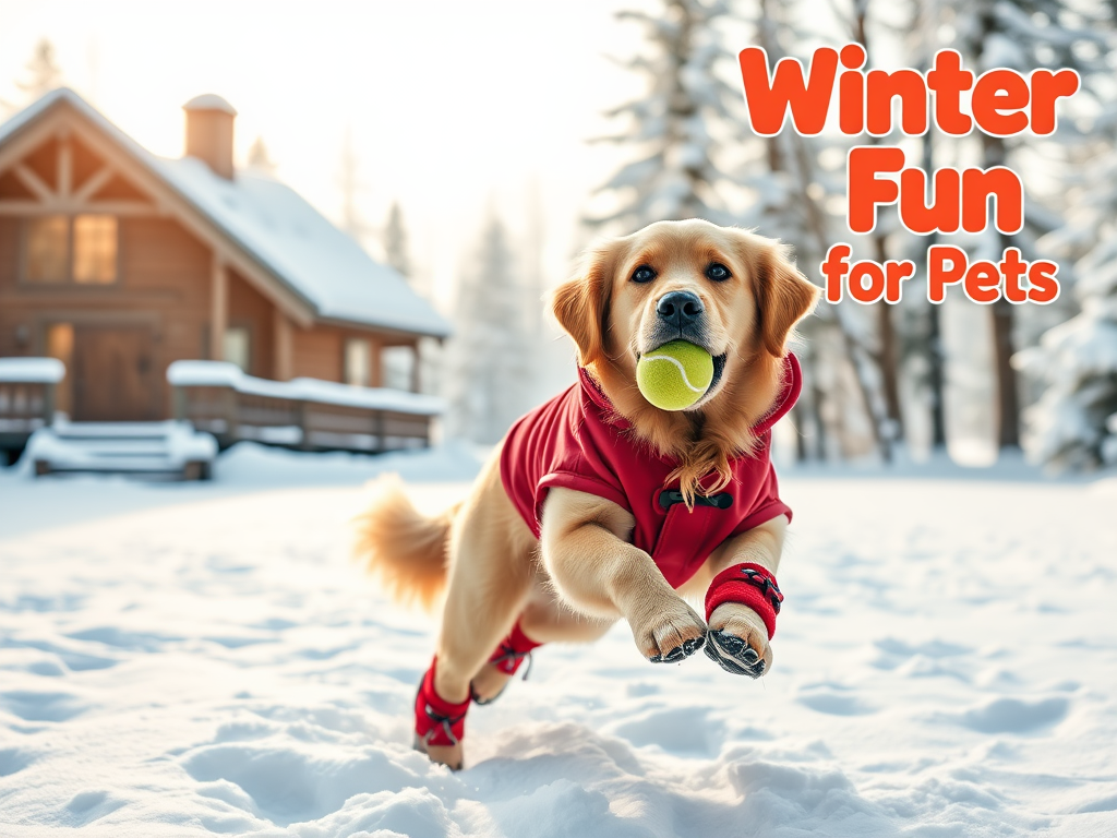 Create a realistic image of a playful golden retriever wearing a red winter coat and booties, jumping in fresh snow with a tennis ball in its mouth, against a backdrop of snow-covered trees and a cozy cabin, with soft winter sunlight, and the text "Winter Fun for Pets" in a playful font in the upper right corner.