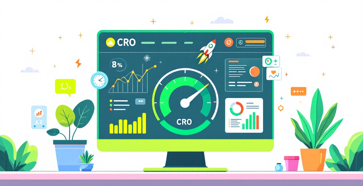 Minimalist dashboard showing CRO tools with speedometer, charts, and conversion graphs on a clean interface