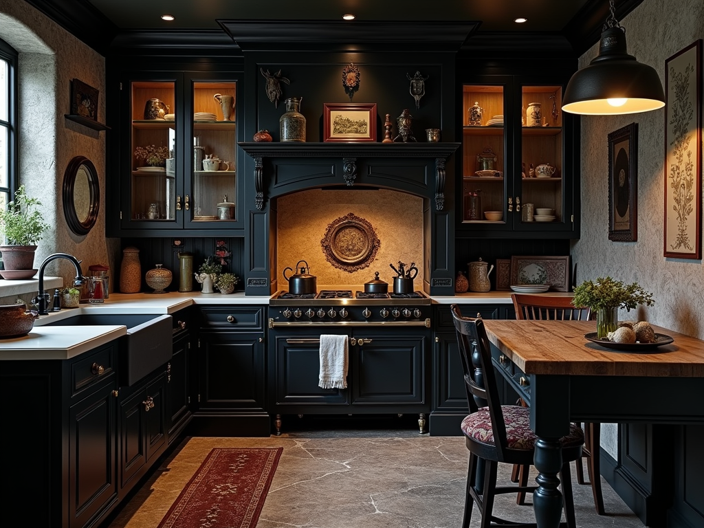 7+ Gothic-Inspired Kitchen with Black Cabinetry