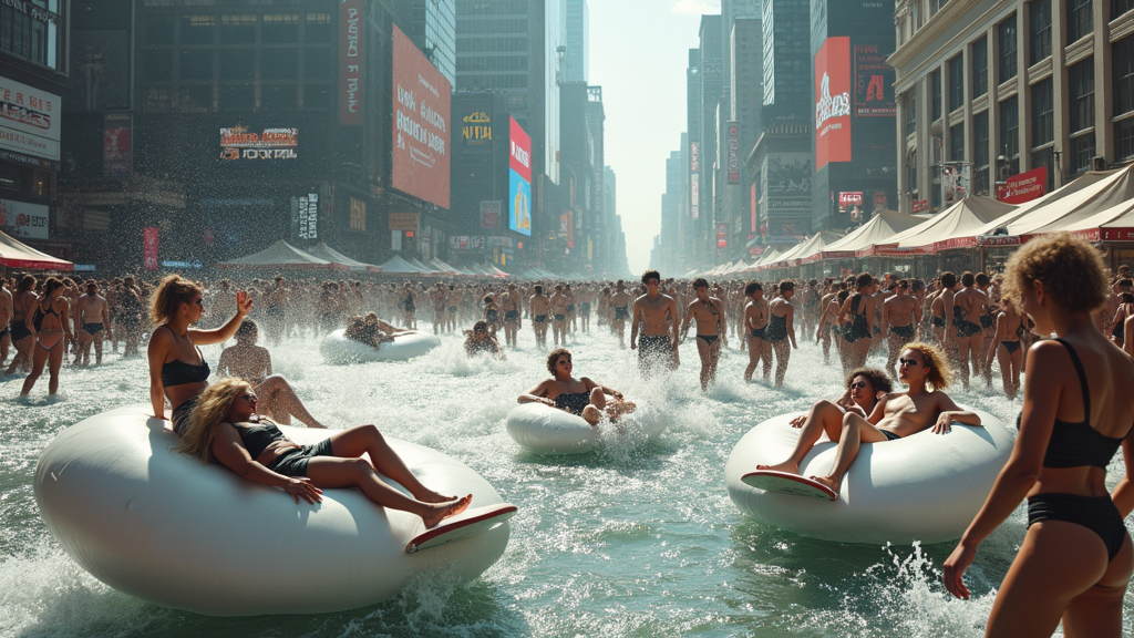 A bustling city square filled with people wearing futuristic attire, some attempting to surf on the waves of a crowd while others lounge on floating cloud-like couches.