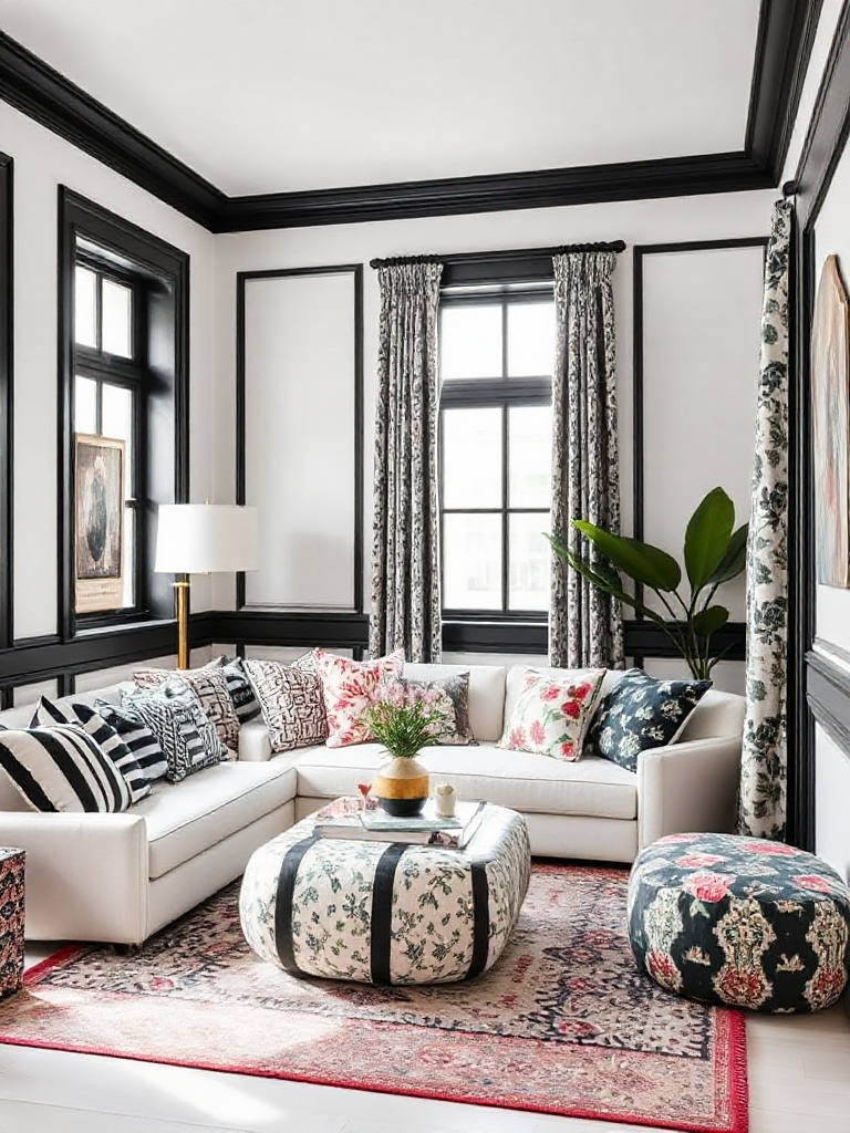 Chic room white walls with black trim ideas