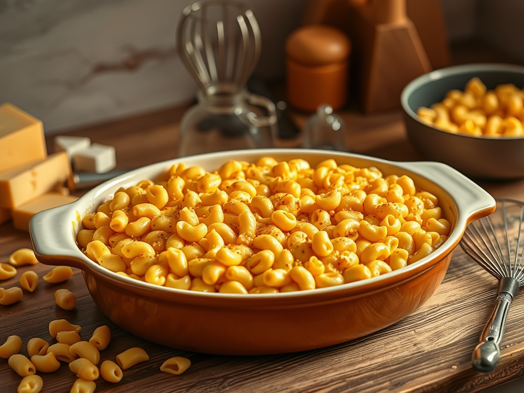 Create a realistic image of a golden, bubbly mac and cheese dish in a ceramic baking dish, fresh from the oven, with steam rising, set on a wooden kitchen countertop, surrounded by scattered ingredients like cheese blocks, pasta shells, and a whisk, with warm, soft lighting emphasizing the comfort food aspect.