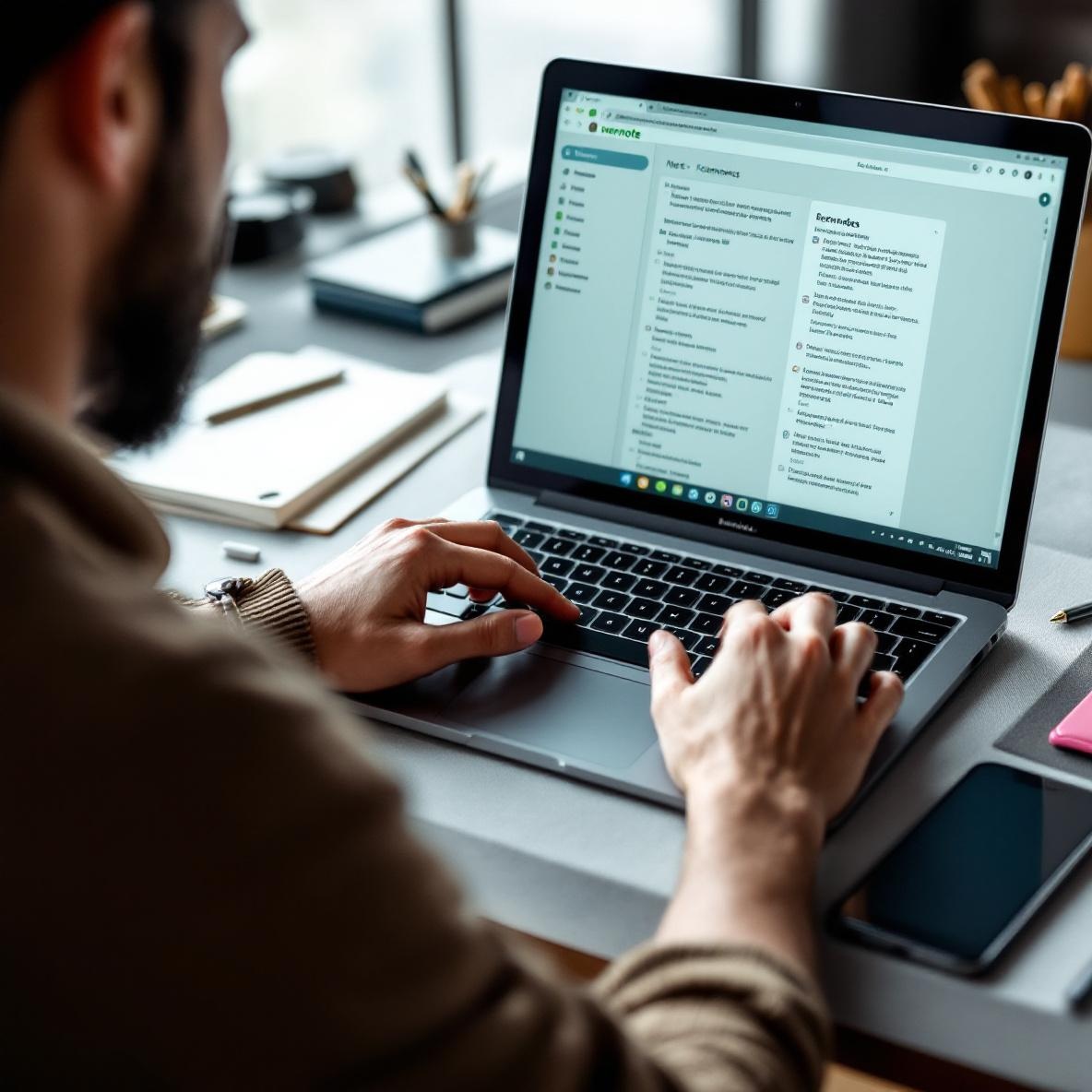A person working alone at a desk, focused on the Evernote interface on their laptop, surrounded by stationery, capturing the essence of digital journaling in solitude.