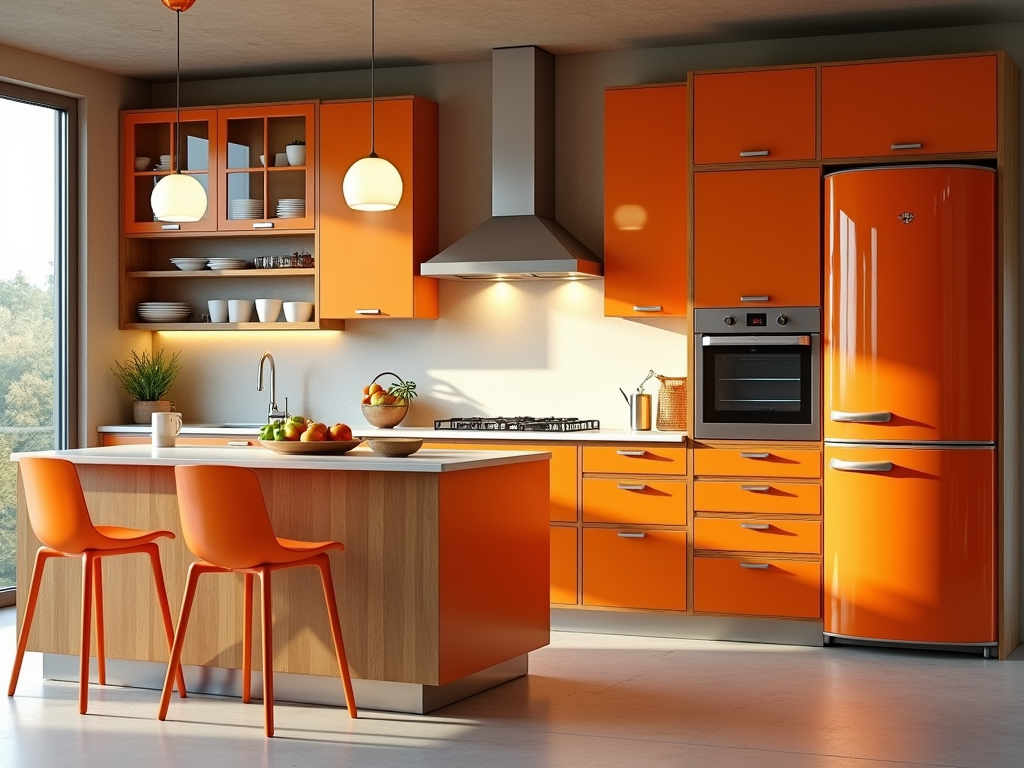 Chic Mid-Century Modern Kitchen with Bold Orange Accents