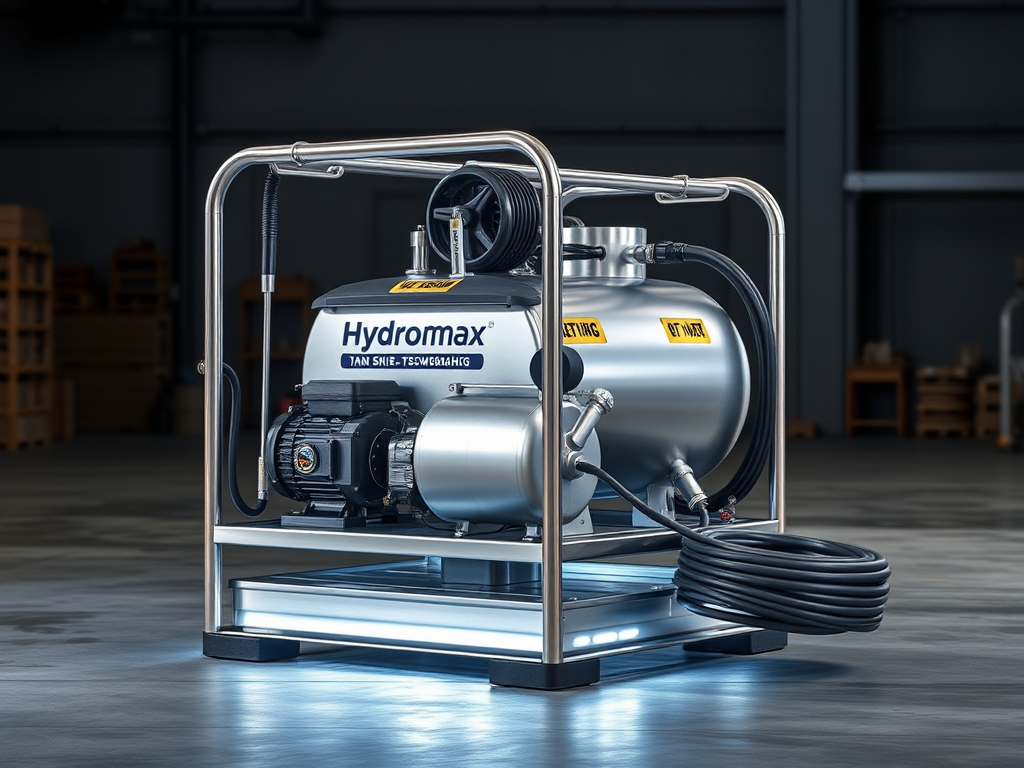 Create a realistic image of a large, industrial-grade pressure washer skid system labeled "Hydro Max Tank Skid-TSCW6040HG" with a sturdy metal frame, high-capacity water tank, powerful pump, and coiled high-pressure hose, positioned on a concrete floor in a warehouse setting with soft, ambient lighting highlighting the equipment's features and metallic finish.