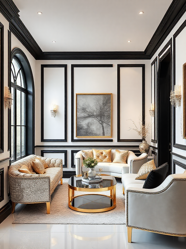 Chic room white walls with black trim ideas