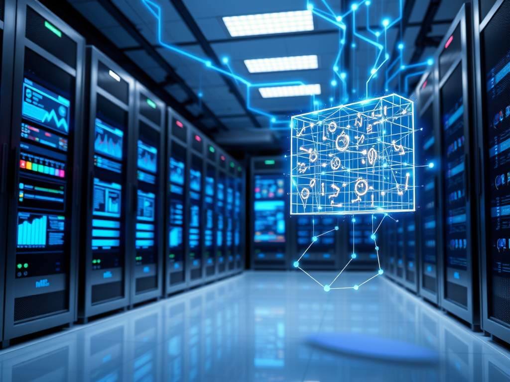 Create a realistic image of a modern data center with rows of sleek servers and storage units, displaying holographic screens showing data management interfaces, charts, and graphs. A glowing blue network of connections links the devices, symbolizing unified storage. In the foreground, a floating 3D representation of a data structure emphasizes the concept of advanced data management capabilities.