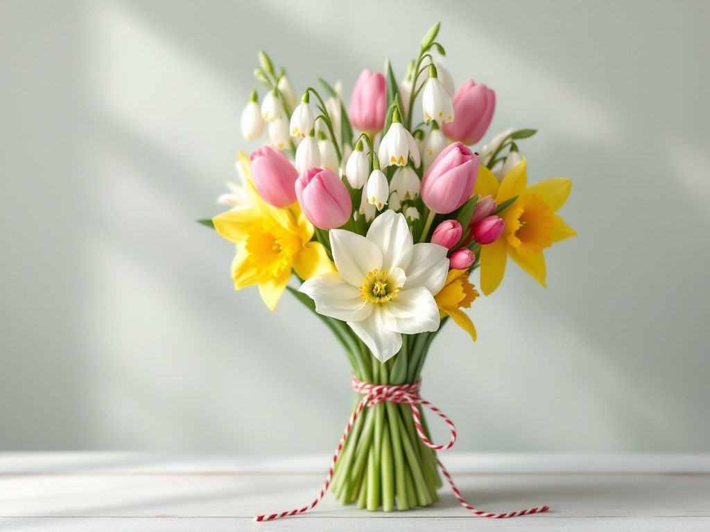 A photorealistic shot capturing a beautifully arranged bouquet of fresh spring flowers including white snowdrops, pink tulips, and yellow daffodils, tied with a traditional red and white martisor string, placed on a light-colored surface with soft, natural lighting