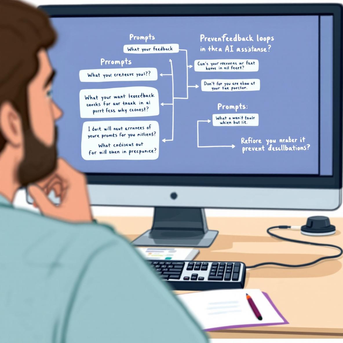 A person deep in thought while examining a flowchart on their computer screen, depicting the complexities of refining AI prompts to prevent feedback loops.