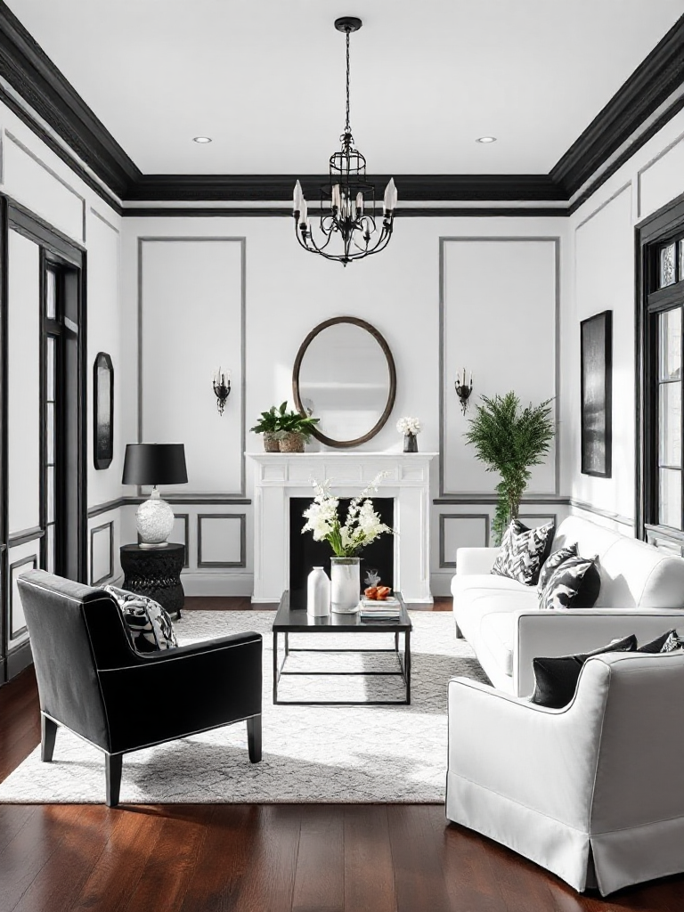 Chic room white walls with black trim ideas