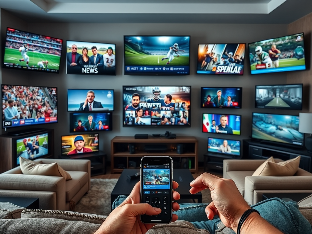 Create a realistic image of a diverse array of TV screens and devices displaying various content types, including sports, movies, news, and TV shows, arranged in a living room setting with comfortable seating, highlighting accessibility through multiple remote controls and a smartphone app interface visible in the foreground.