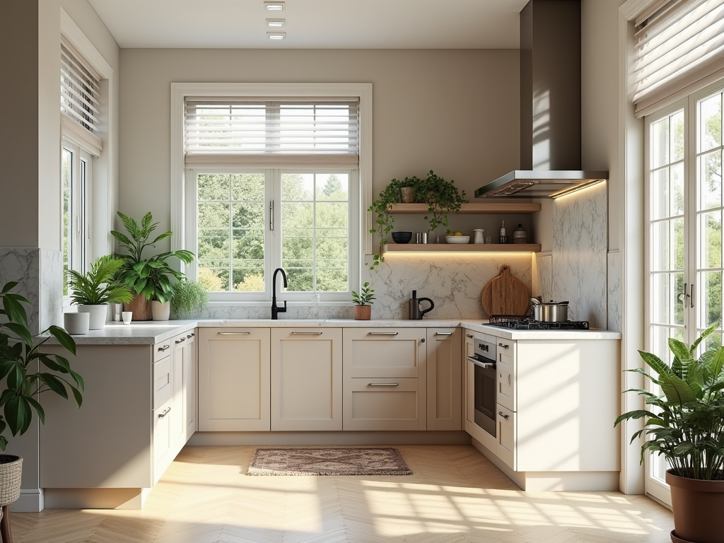 Elegant Sunlit Greige Kitchen with Marble Countertops