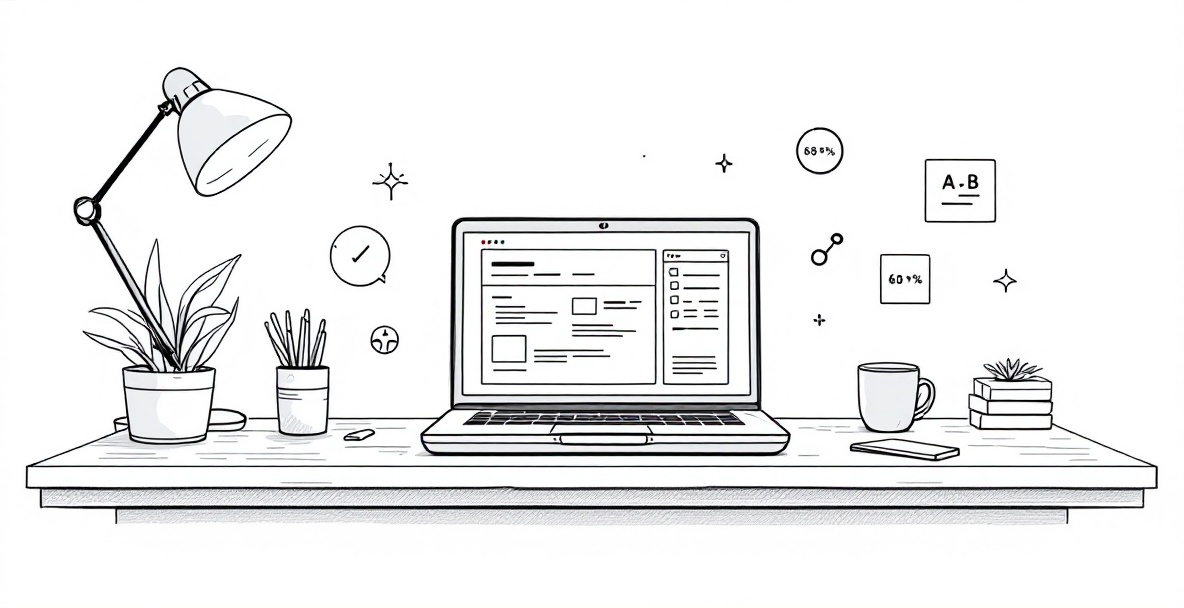 Minimalistic sketch of a laptop showing a no-code visual editor with A/B testing icons around it.