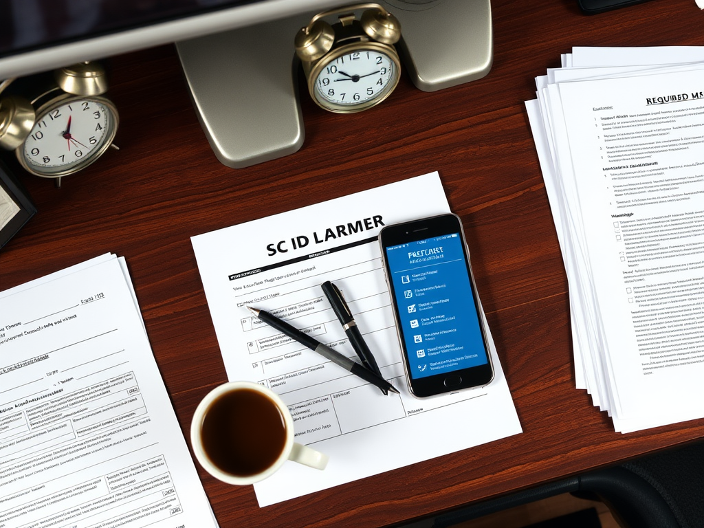 Create a realistic image of a well-organized desk with an application form for an SC ID, a pen, and various required documents neatly arranged. Include a smartphone displaying a checklist app, a small clock, and a cup of coffee. The scene should be well-lit, conveying a sense of preparation and efficiency.