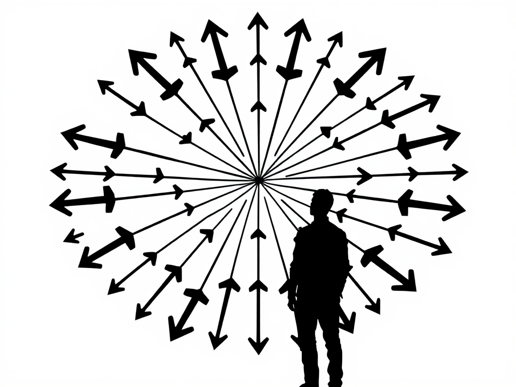 A outline of a person looking at an arrow going in many directions