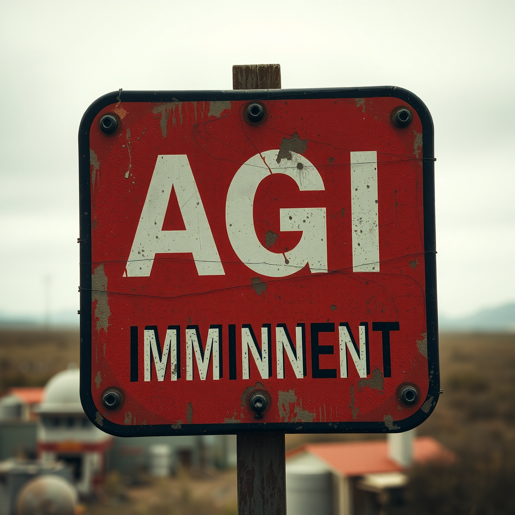 Create a weathered post apocalyptic sign with the text "AGI IMMINENT"