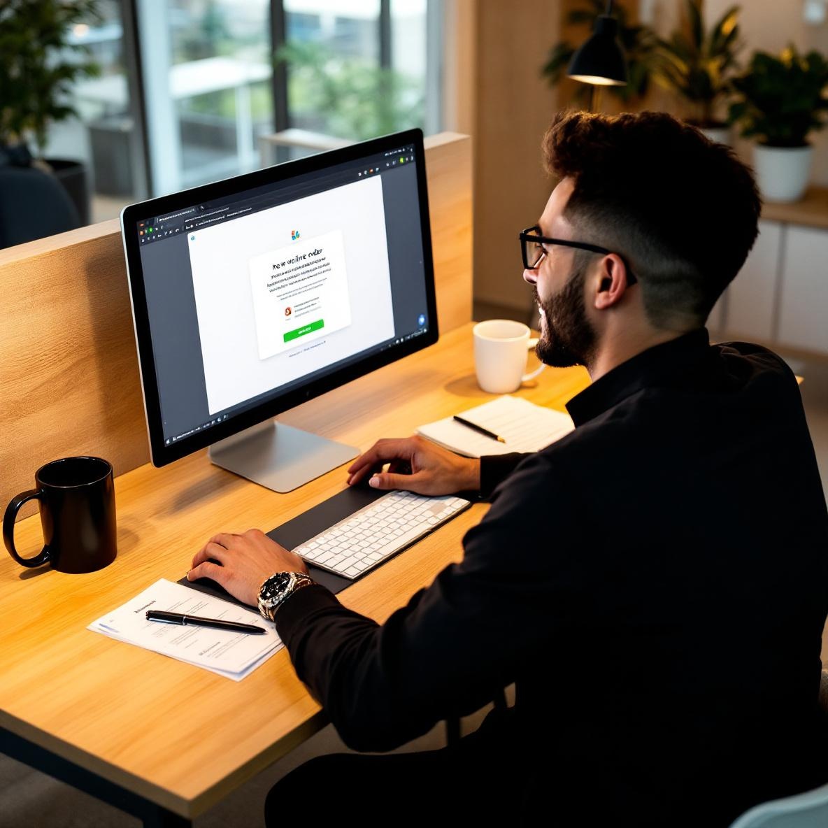 A professional at a desk in a modern office checking Slack, with a notification on the screen about a new online order. The workspace is busy, conveying a sense of productivity.