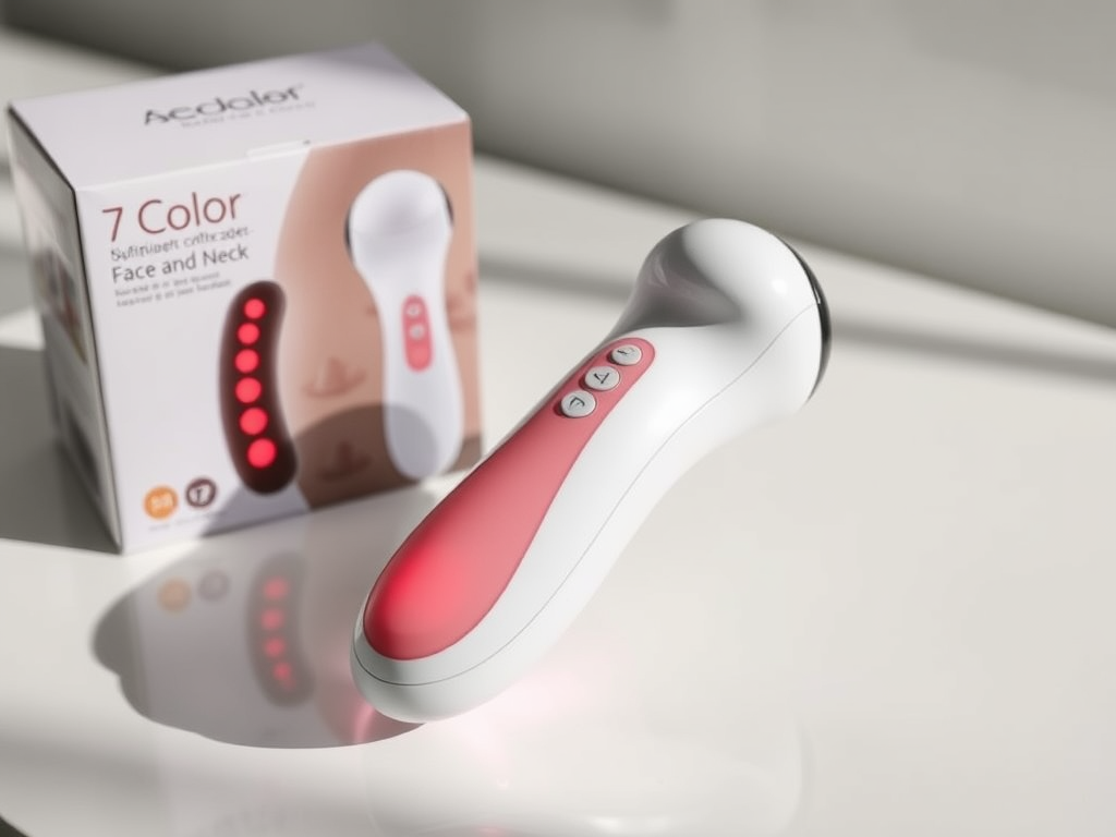 Create a realistic image of a sleek, handheld facial massager device with red light therapy panels and multiple color settings, displayed on a clean white surface. The device should have a sculpted, ergonomic design with visible buttons for different modes. Include a faint glow of red light emanating from the device, suggesting its therapeutic function. Position the massager next to its packaging, which should feature text highlighting "7 Color" and "Face and Neck" benefits.