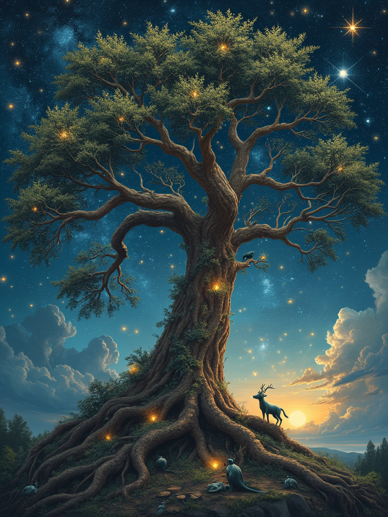 An ancient tree of life, its branches forming constellations against a starry night sky, with mystical creatures nestled among its roots