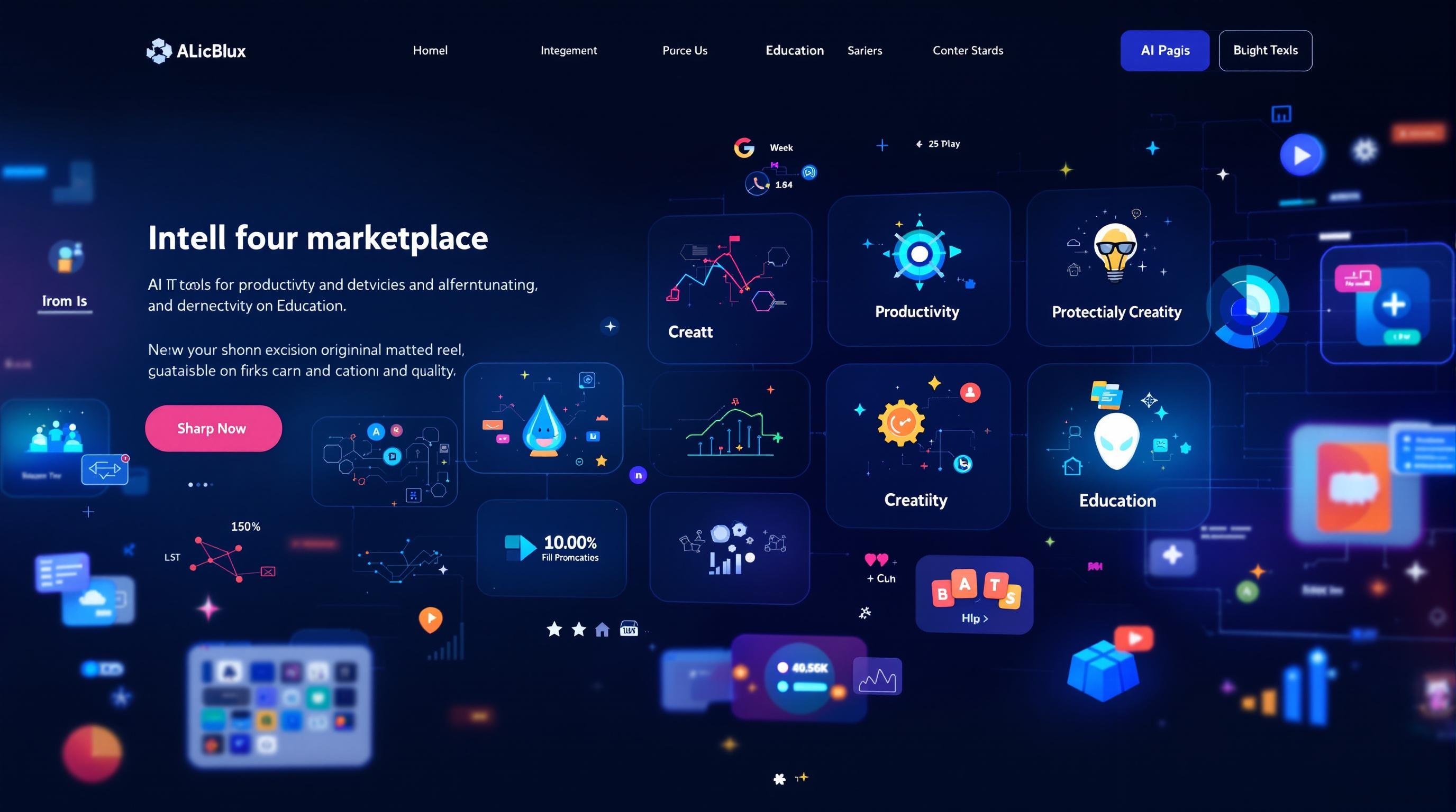 Modern digital marketplace scene displaying diverse AI tool icons for productivity, creativity, and education, interactive shopping interface, sleek and vibrant tech visuals, clean and professional style, 16:9 aspect ratio