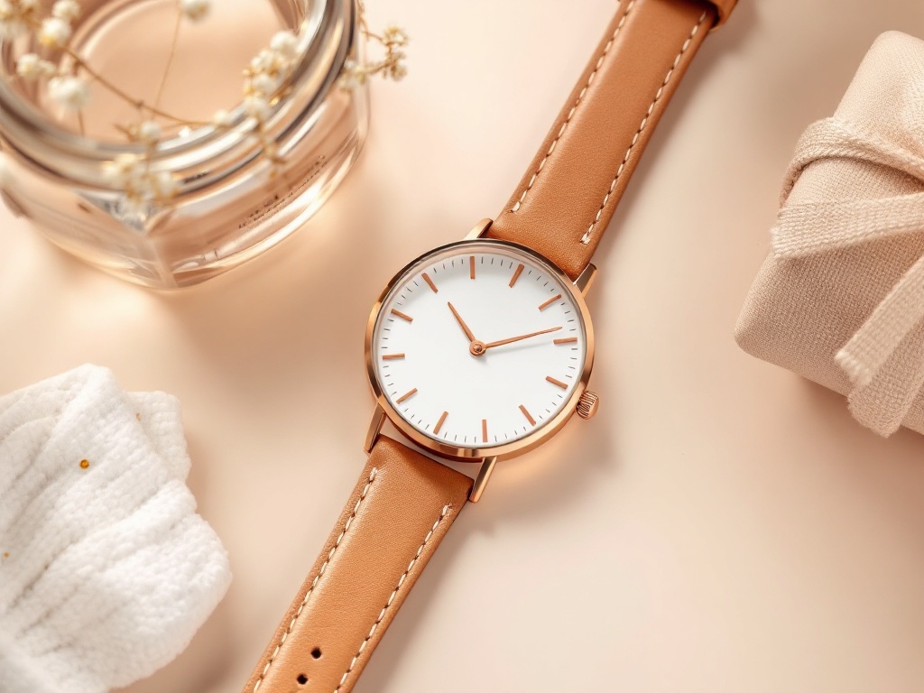 A photorealistic shot capturing an elegant women's wristwatch with a simple leather strap and minimalist dial, displayed on a plain surface