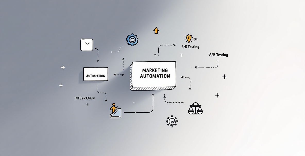 Minimalistic sketch of a flowchart for marketing automation integration with growth and testing icons.