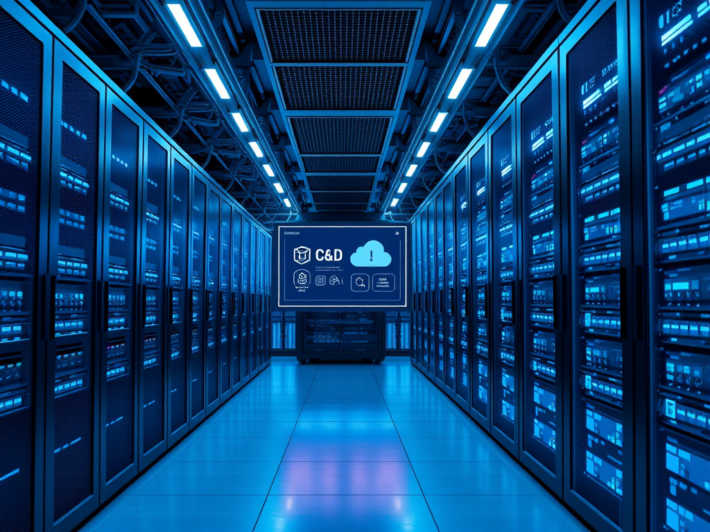 Create a realistic image of a modern data center with rows of sleek servers and storage units, focusing on a central display showing a unified storage interface with various data types and cloud icons, bathed in cool blue lighting to represent Nutanix's unified storage solution.