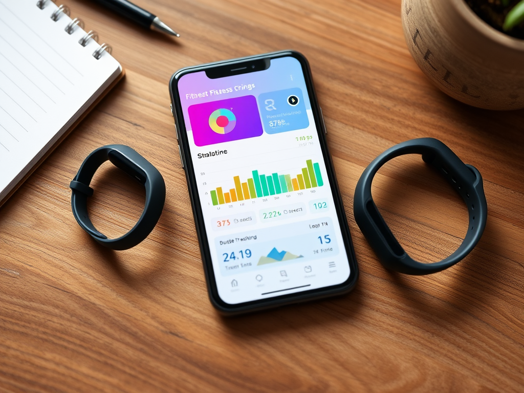 Create a realistic image of a smartphone screen displaying a colorful fitness tracking app interface with graphs, charts, and statistics, placed on a wooden desk next to a budget-friendly fitness tracker wristband, with a notepad and pen nearby suggesting data analysis.