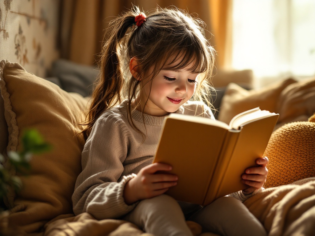 A photorealistic shot capturing a young girl engrossed in reading a plain, hardcover book while sitting in a cozy reading nook. The scene is bathed in warm, natural light, highlighting the child's focused expression and the joy of discovery on her face.