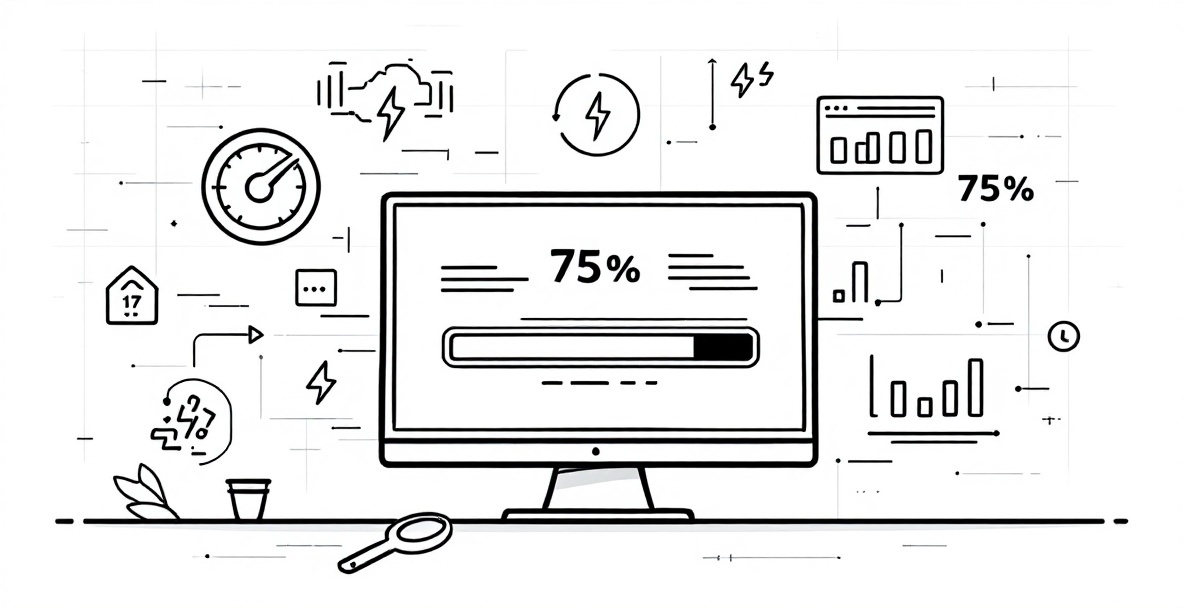 Minimalist sketch of a website performance dashboard showing a loading bar, speedometer gauges, and performance metrics