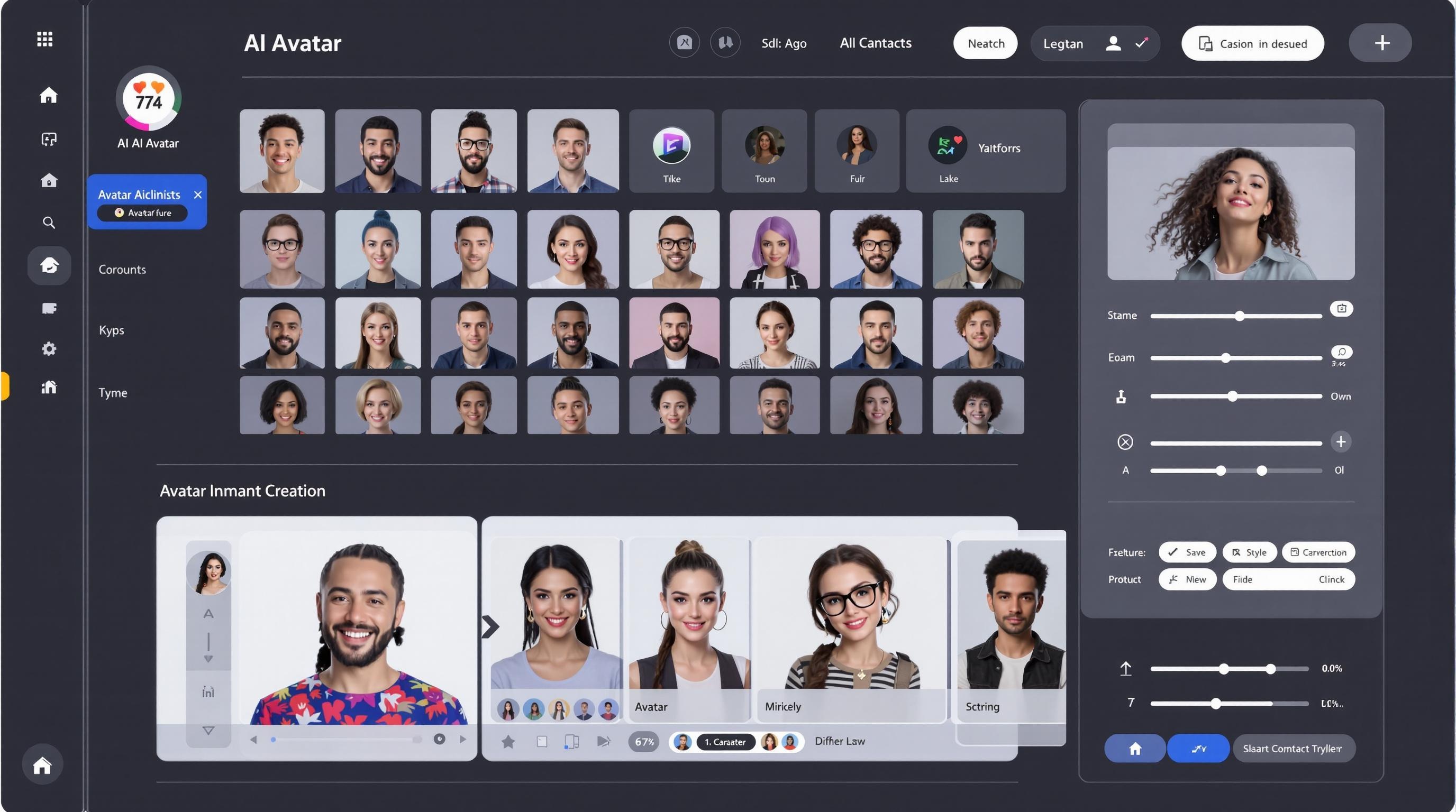 Dynamic scene showing AI-generated avatars used across different contexts—business presentation, gaming, social media, and virtual meeting, seamless integration of realistic and stylized avatars, vibrant yet professional color palette, futuristic and cohesive layout, 16:9 aspect ratio