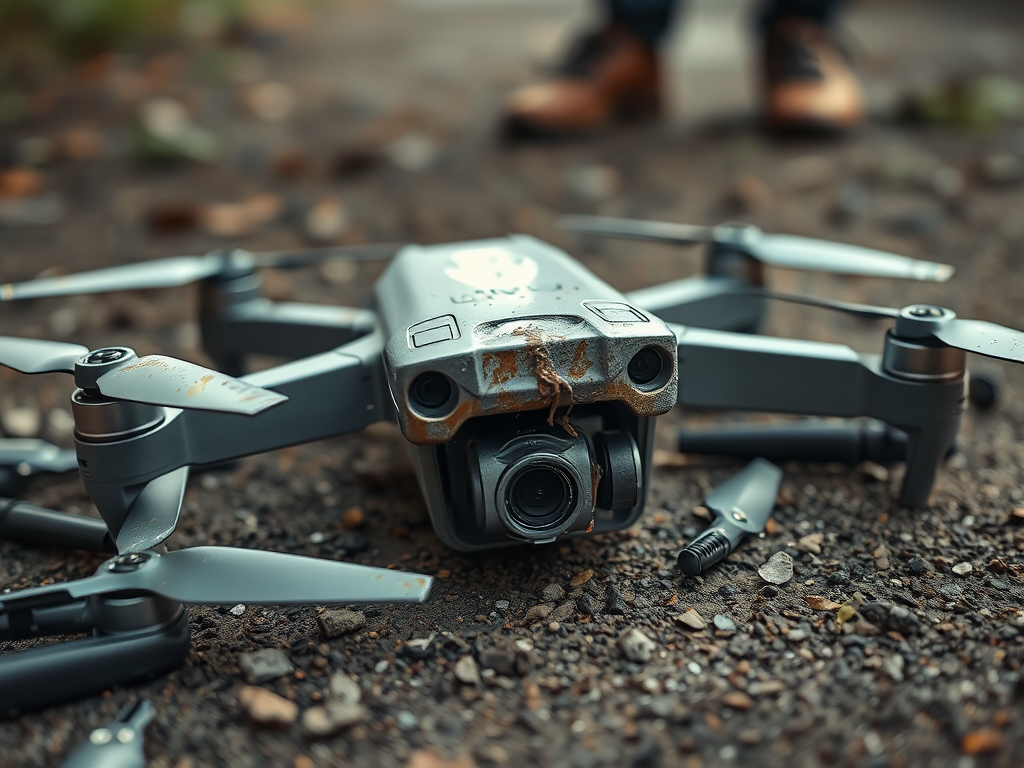 Create a realistic image of a damaged selfie drone lying on the ground with its propellers bent and camera lens cracked, surrounded by scattered drone parts, with a blurred background of a disappointed person's feet visible in the corner of the frame.