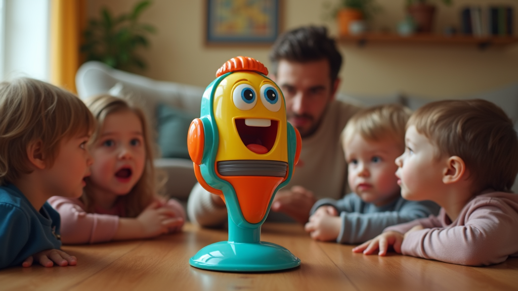 A colorful laughing toy shaped like a cartoon microphone, with exaggerated eyes, surrounded by children in a living room, whispering into it while a bewildered adult talks in the background.