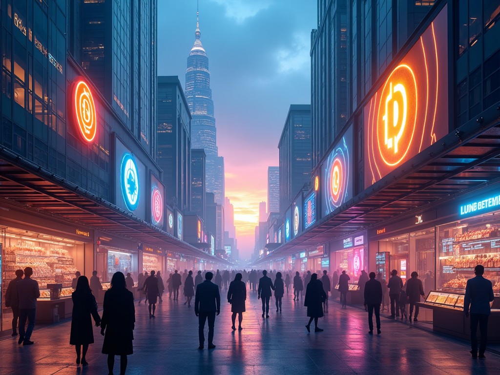 Visualize a dynamic and futuristic cityscape where traditional e-commerce buildings are intertwined with abstract, glowing symbols of cryptocurrencies like Bitcoin and Ethereum. The setting is at dusk, with a sky transitioning from deep blue to a gradient of orange and purple, emphasizing a time of change and innovation. In the foreground, a bustling marketplace filled with diverse shoppers, represented as silhouettes, interacts with digital screens displaying cryptocurrency transactions. The architecture blends modern glass structures with digital screens and neon lights, symbolizing the blend of traditional commerce and futuristic digital payments. The scene is illuminated by ambient lights from the buildings and vibrant neon signs, casting reflective colors on the surfaces and the people. Artistic style is a mix of photorealism and cyberpunk, with a focus on sharp contrasts, reflective surfaces, and intricate lighting. The mood is energetic yet mysterious, capturing the potential and uncertainties of integrating cryptocurrencies into daily transactions. Use a color palette consisting of electric blue, neon pink, gold, and silver to highlight key elements like currency symbols and digital interfaces.